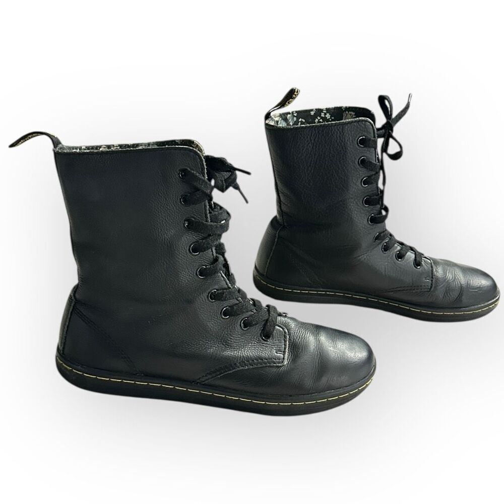 Dr. Martens Stratford Black Leather Fold Down Boots Floral Lining 8 Doc Marten